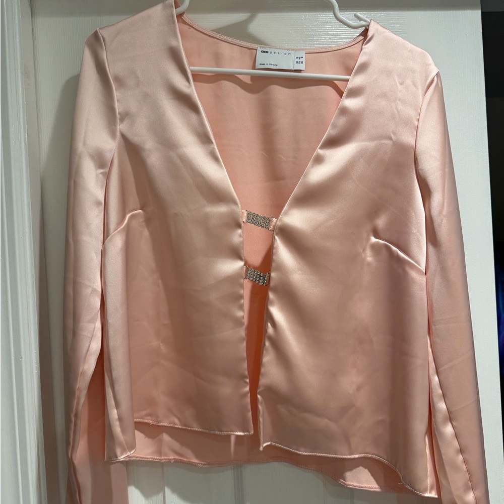 ASOS Light Pink Satin Open-Front Blouse with Rhinestone Bars